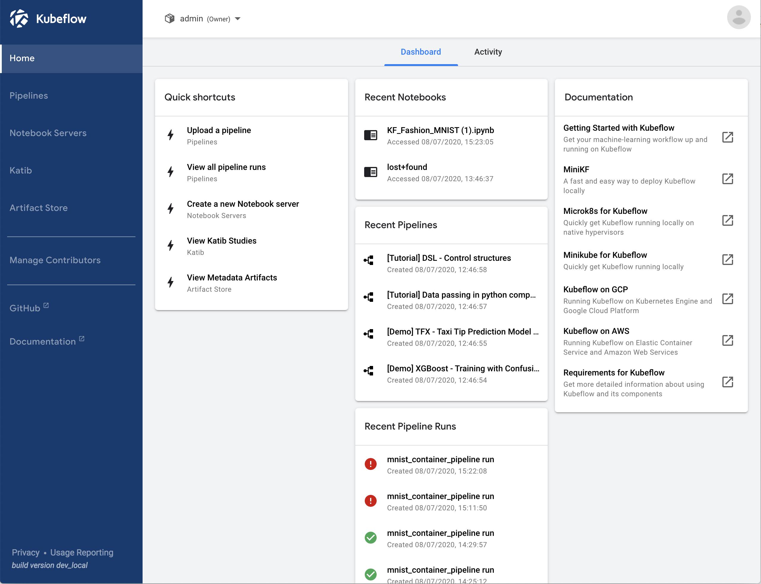 Kubeflows dashboard Kubeflows dashboard