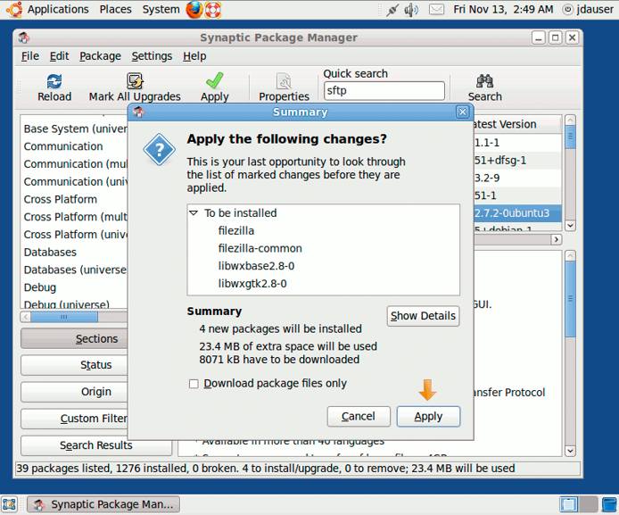 Confirming package installation in Synaptic on Ubuntu 9.10 desktop edition. Confirming package installation in Synaptic on Ubuntu 9.10 desktop edition.