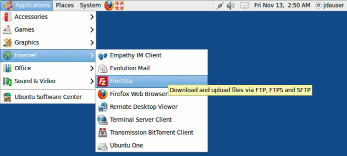 Menu entry for Filezilla on Ubuntu 9.10 desktop edition. Menu entry for Filezilla on Ubuntu 9.10 desktop edition.