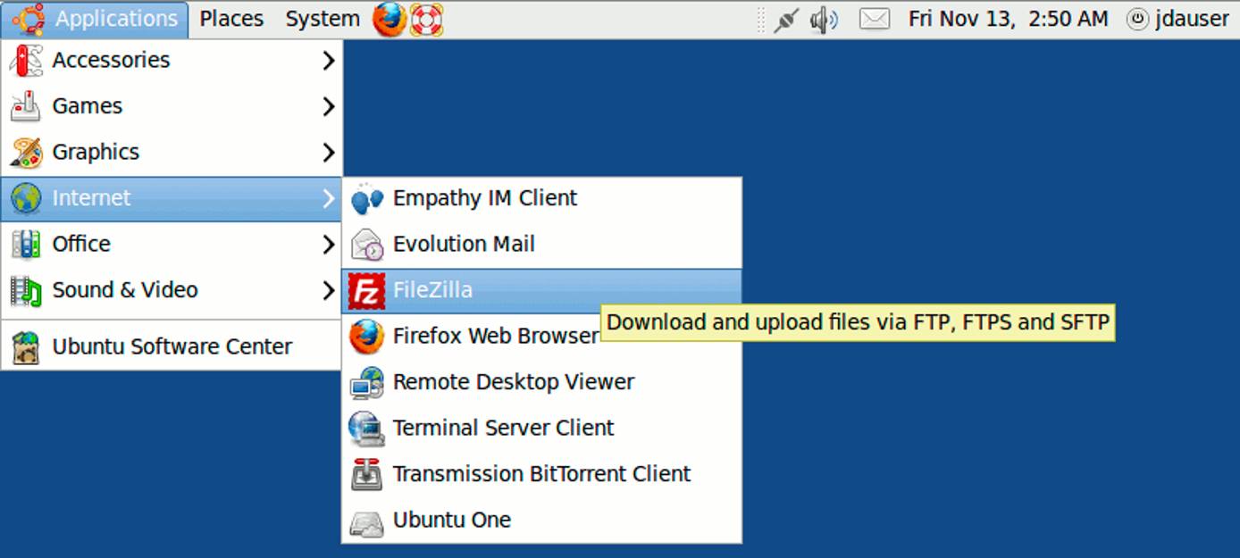 Menu entry for Filezilla on Ubuntu 9.10 desktop edition. Menu entry for Filezilla on Ubuntu 9.10 desktop edition.